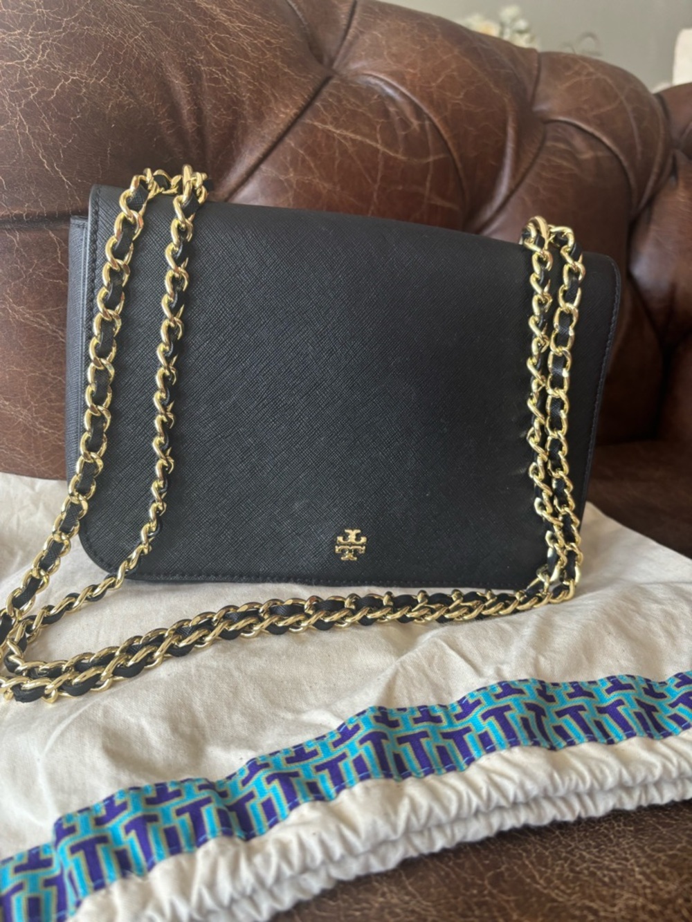 Tory Burch Black Leather Crossbody with Gold Chain